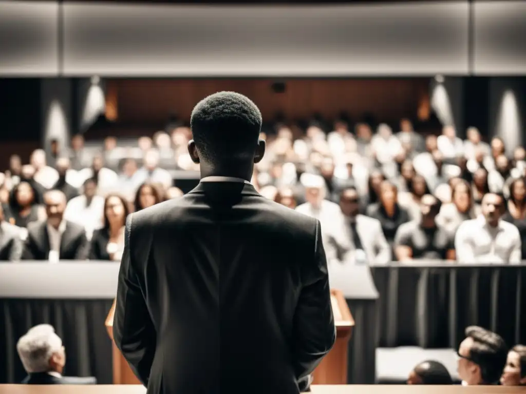 Un discurso inspirador en un auditorio, con un público diverso escuchando atentamente al orador en el podio