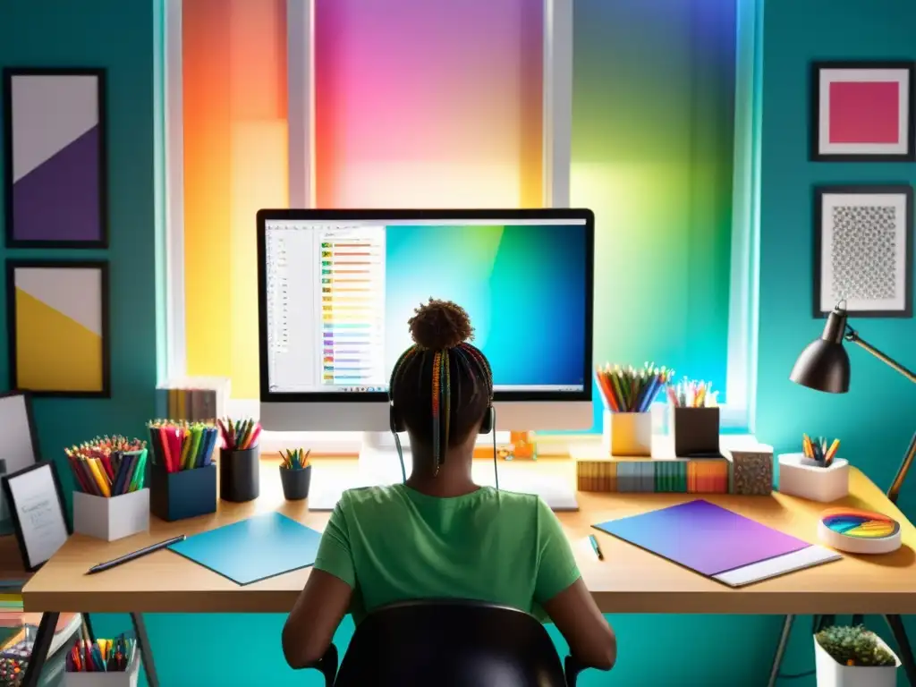 Artista gráfico inmerso en creación digital Un diseñador gráfico se concentra en su obra, rodeado de herramientas de diseño
