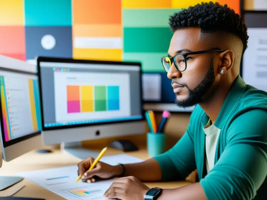 Diseñador gráfico comprometido trabajando en proyecto para ONG Un diseñador gráfico trabaja con pasión en su computadora, rodeado de borradores coloridos