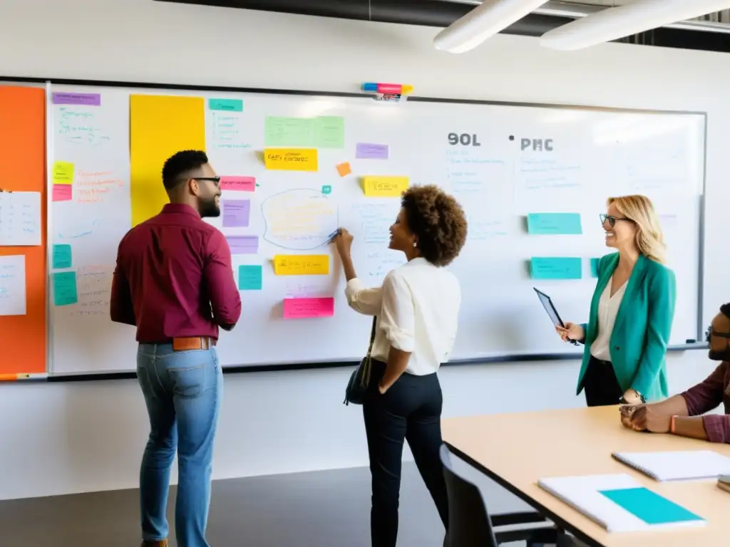 Diseñadores gráficos y ONG colaborando en estudio moderno, brainstorming y bocetando ideas en pizarra