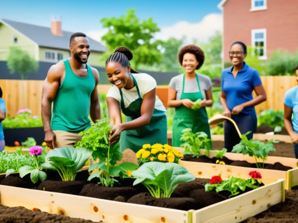 Diseño de programas voluntariado ONG: Voluntarios y comunidad construyen jardín sostenible, rodeados de coloridas flores y niños jugando