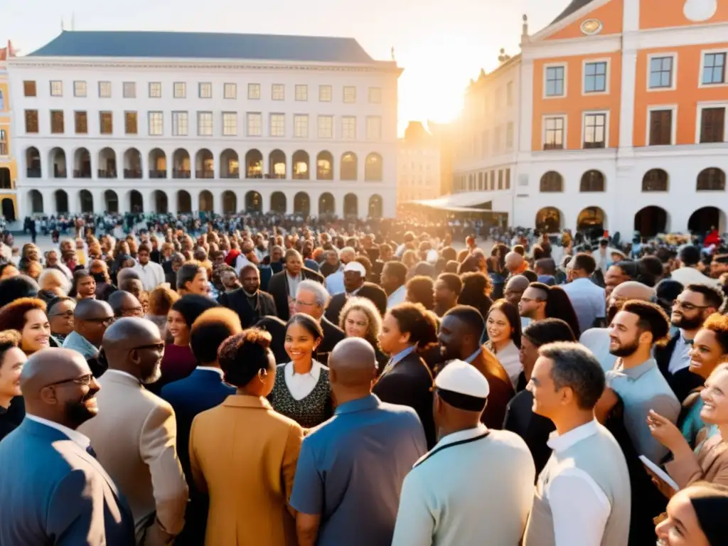 Unión y diversidad en plaza internacional, reflejando la importancia de la inclusión y la cooperación internacional