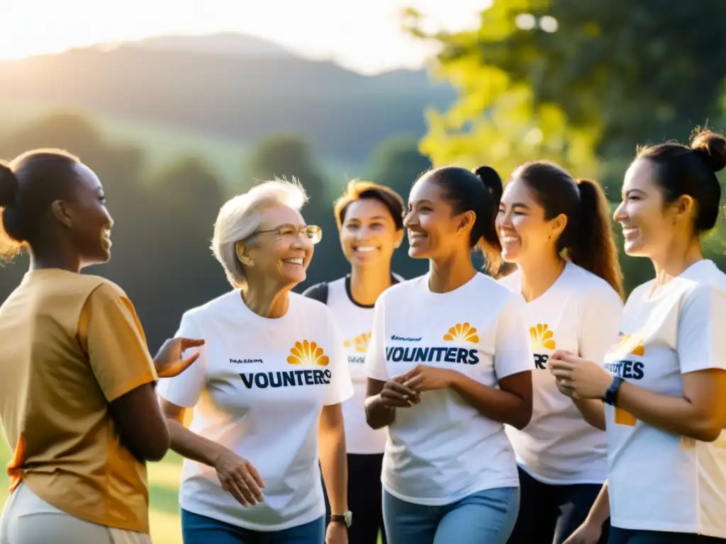 Un diverso grupo de voluntarios de ONG, con camisetas de la organización, participa en actividades al aire libre al atardecer