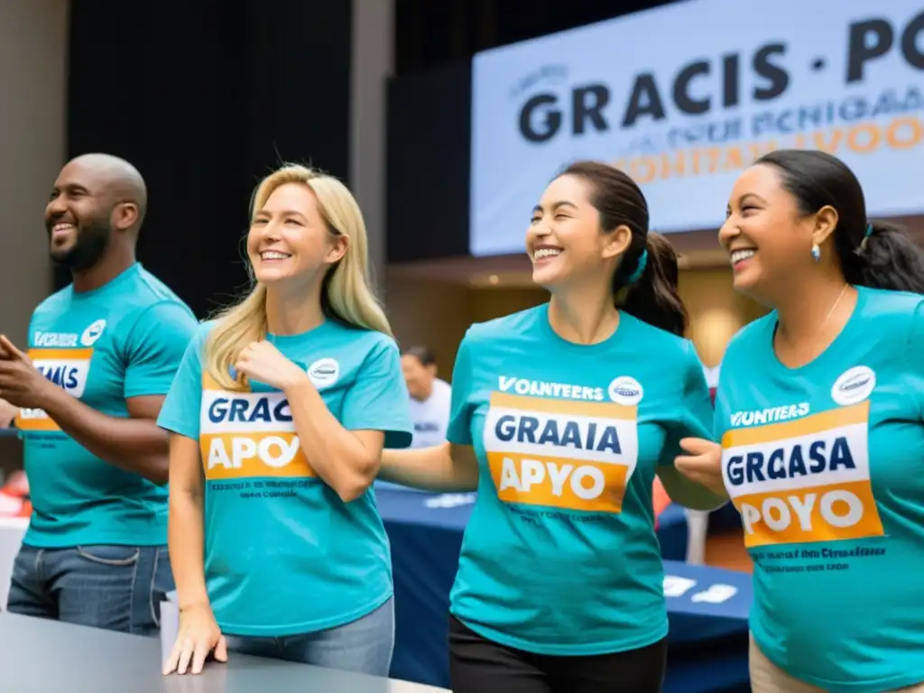 Voluntarios sonrientes en evento de ONG Implementación CRM gestión donantes ONG: Voluntarios sonrientes interactúan con donantes en evento solidario