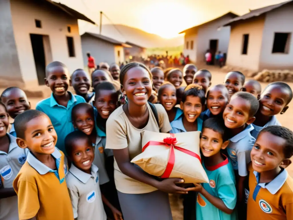 Gestión efectiva de donaciones para ONGs: Niños sonrientes reciben ayuda humanitaria al atardecer en una aldea rural