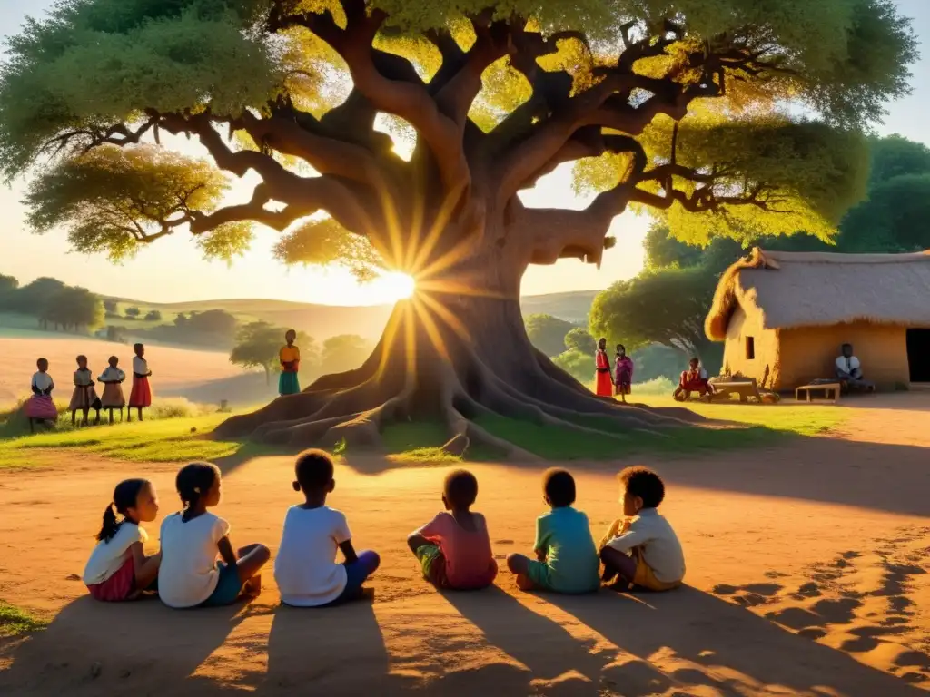 Emotivo storytelling para motivar donaciones ONG: niños escuchan atentos a un cuentacuentos bajo un árbol al atardecer en una aldea rural