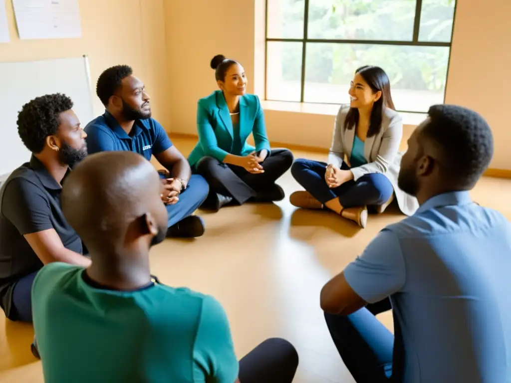 Empleados de ONG se reúnen en círculo para sesión de apoyo en salud mental, creando un ambiente cálido y seguro