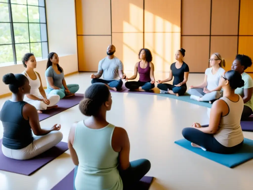 Empleados de organizaciones sin fines de lucro participan en una meditación guiada para el bienestar en un ambiente sereno y enfocado