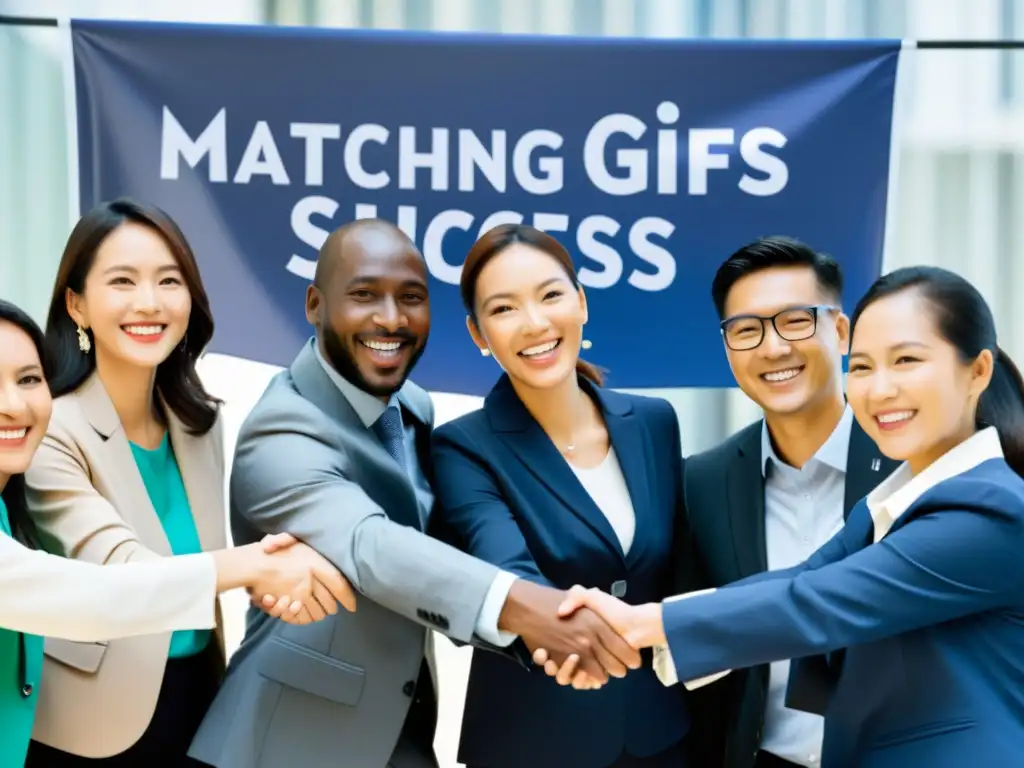 Alianza exitosa: ONG y empresa celebran donación Empleados de ONG y representantes corporativos sonríen y se estrechan la mano frente a un banner que dice 'Éxito de la Campaña de Matching Gifts'