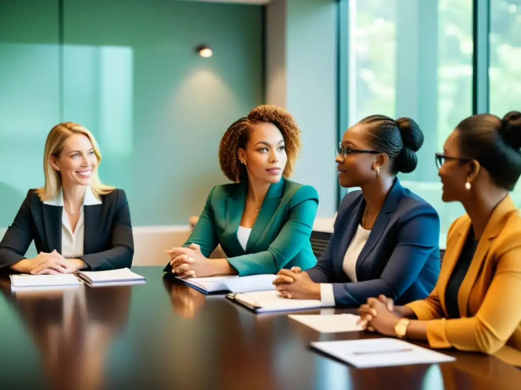 Empoderamiento mujeres organizaciones sin fines: Reunión de mujeres diversas en una mesa de conferencias, colaborando con determinación y confianza