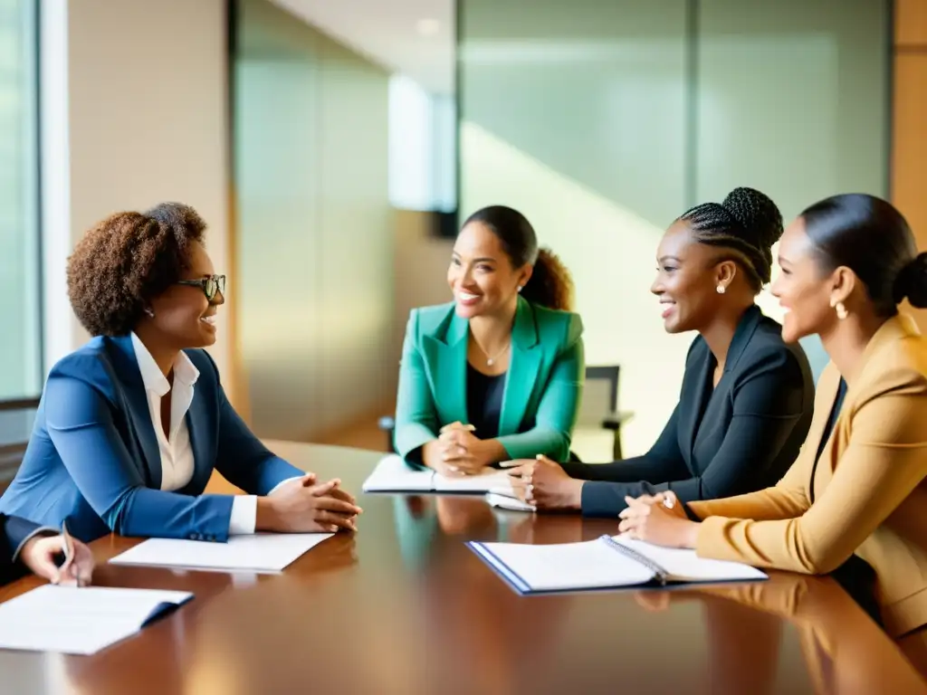 Empoderamiento de mujeres en organizaciones sin fines de lucro, colaborando con determinación y pasión en una reunión profesional