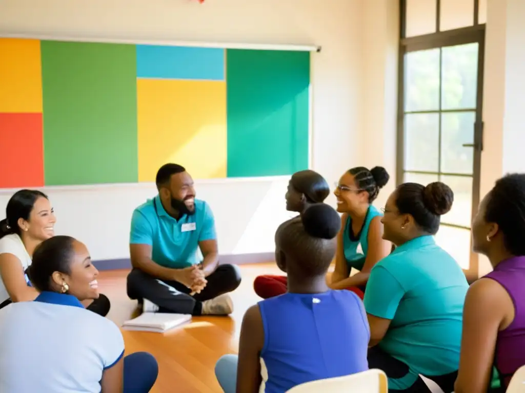 Entrenadores y voluntarios participan en una sesión interactiva llena de aprendizaje y colaboración en un centro comunitario, técnicas de capacitación para voluntariado transformador