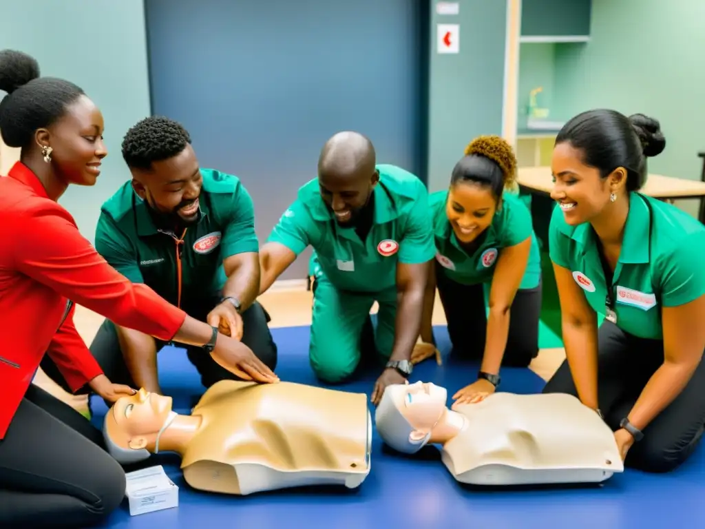 Entrenamiento en primeros auxilios para ONGs: Instructores enseñan técnicas de reanimación a voluntarios entusiastas en un aula bien equipada