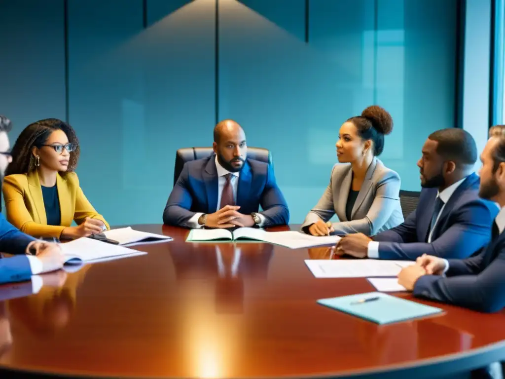 Equipo de abogados y colaboradores discutiendo capacitación legal para ONGs sin fines de lucro en una sala de reuniones moderna y profesional