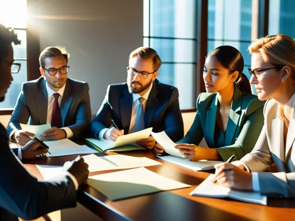 Equipo de abogados revisando documentos legales y discutiendo casos, transmitiendo profesionalismo y colaboración