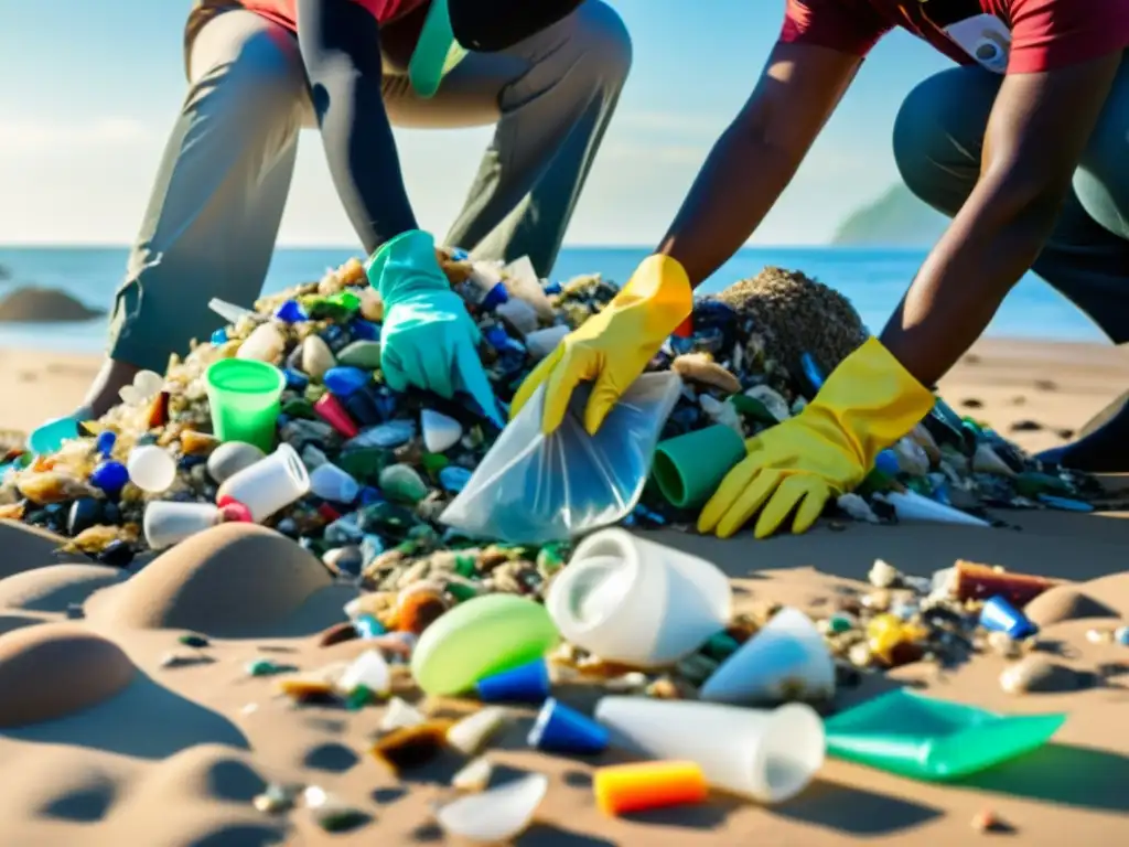 Un equipo de activistas ambientales de una ONG limpia una playa llena de desechos plásticos, mostrando estrategias de reducción de plásticos