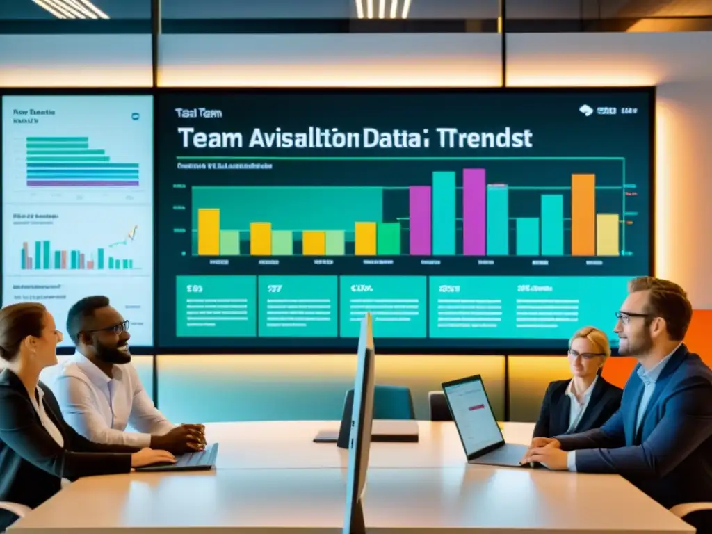 Un equipo de analistas de datos y investigadores se reúne alrededor de una visualización de datos interactiva en una oficina moderna y bien iluminada