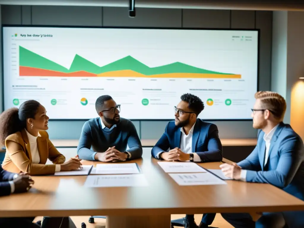 Equipo de analistas de datos se reúne alrededor de una mesa, estudiando gráficos