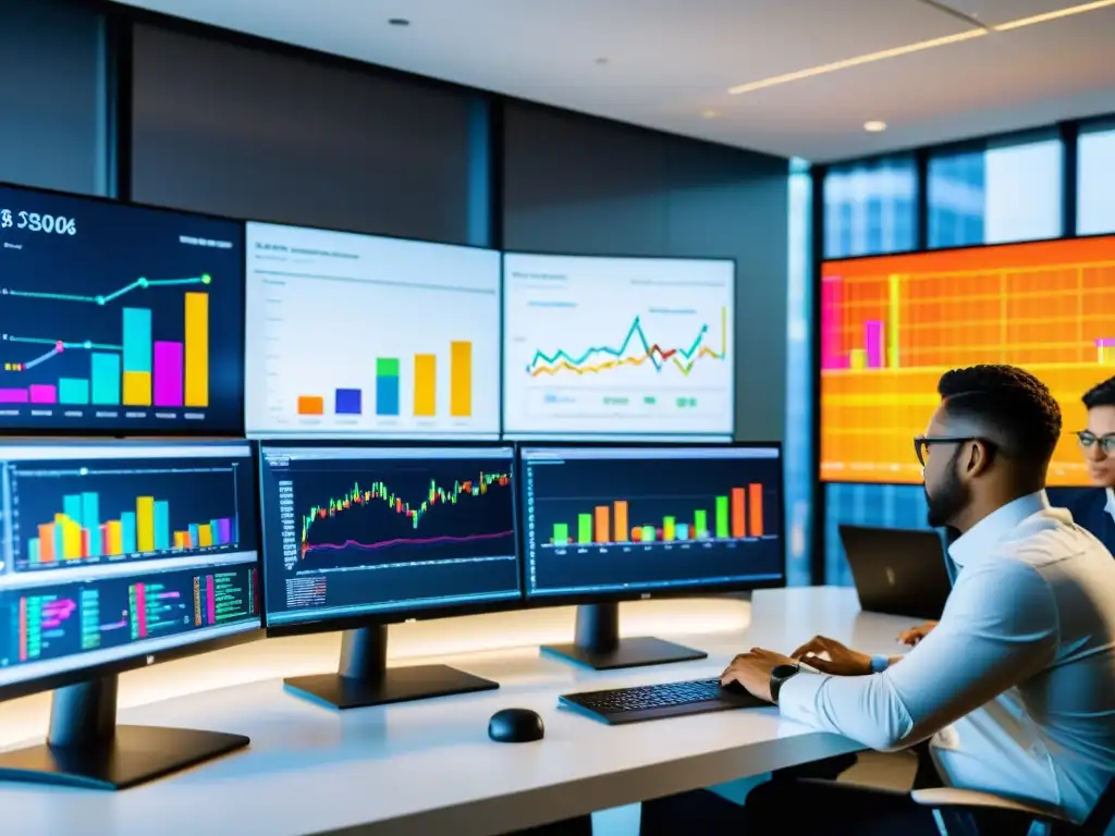 Equipo de analistas de datos colaborando en un entorno innovador Un equipo de analistas de datos colabora en pantallas con gráficas, discuten y señalan datos