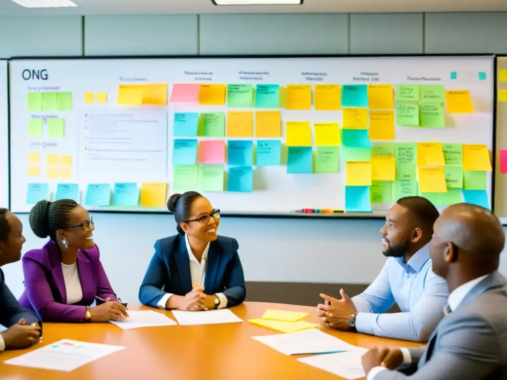 Equipo de ONG en apasionada reunión para plan estratégico comunicación donantes ONG, con gráficas y post-its coloridos