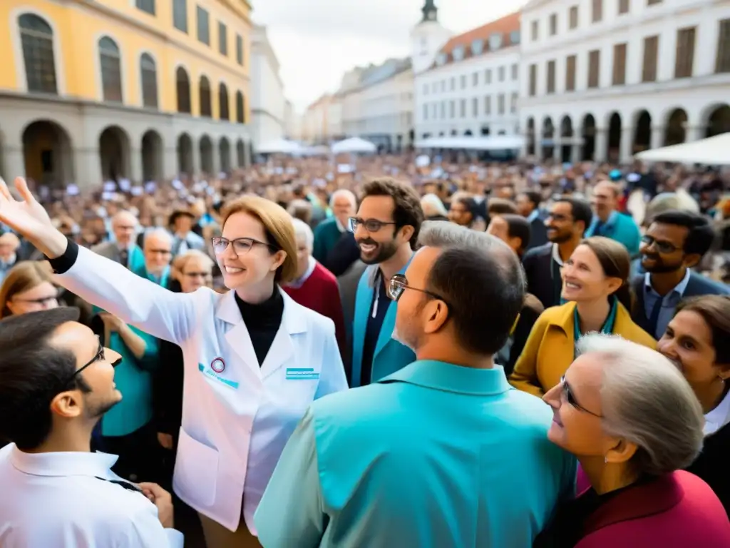 Un equipo apasionado de científicos y voluntarios de una ONG divulgando estrategias científicas en una plaza de la ciudad, cautivando a un público de todas las edades con infografías y demostraciones interactivas