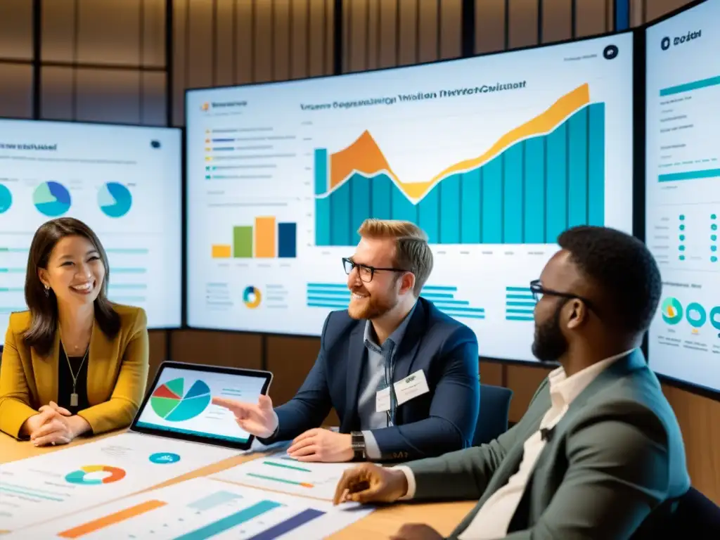 Expertos en Visualización de Datos Impulsan ONGs Un equipo apasionado de expertos en visualización de datos colabora con una ONG, rodeados de gráficos e interactividad