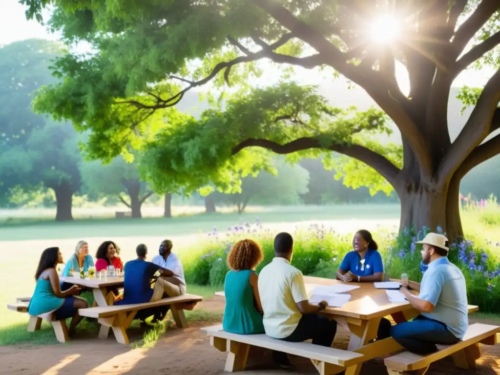 Equipo de ONG se reúne bajo un árbol, discutiendo sostenibilidad financiera y planificación estratégica entre la naturaleza exuberante