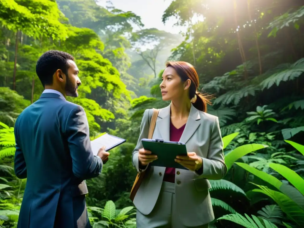 Un equipo de auditores ambientales en la exuberante naturaleza, documentando minuciosamente su biodiversidad