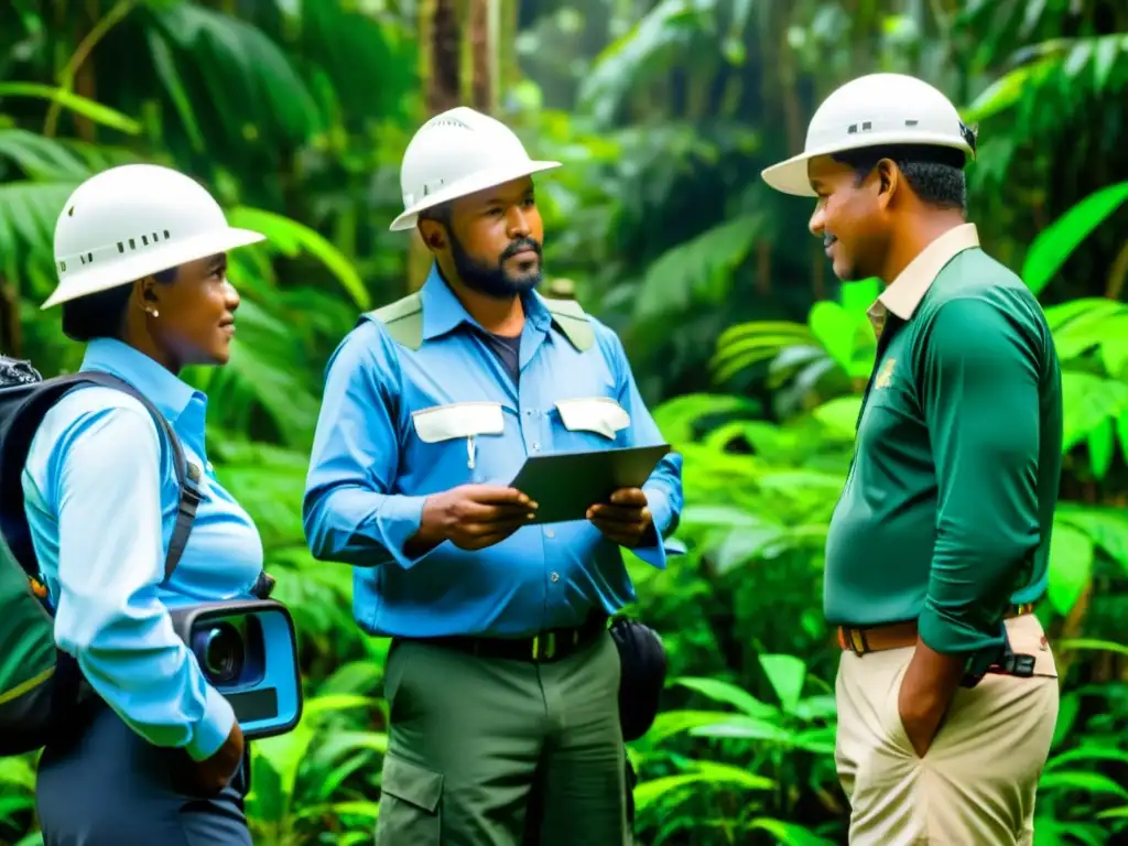 Un equipo de auditores ambientales inspecciona detalladamente un exuberante y biodiverso bosque lluvioso, interactuando con comunidades locales