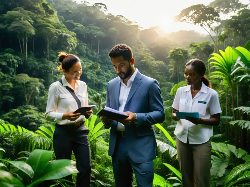 Un equipo de auditores ambientales en la selva, realizando evaluaciones y trabajando con la comunidad local