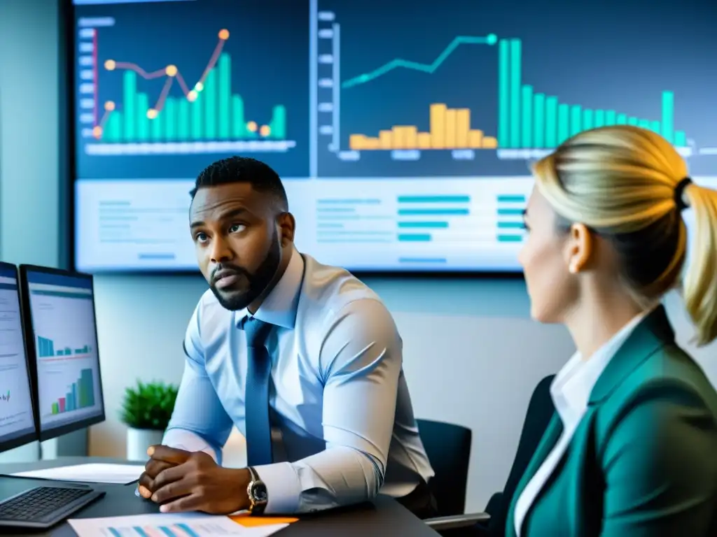 Un equipo de auditores revisando documentos financieros y discutiendo procedimientos de cumplimiento en una oficina moderna, con gráficos en pantallas