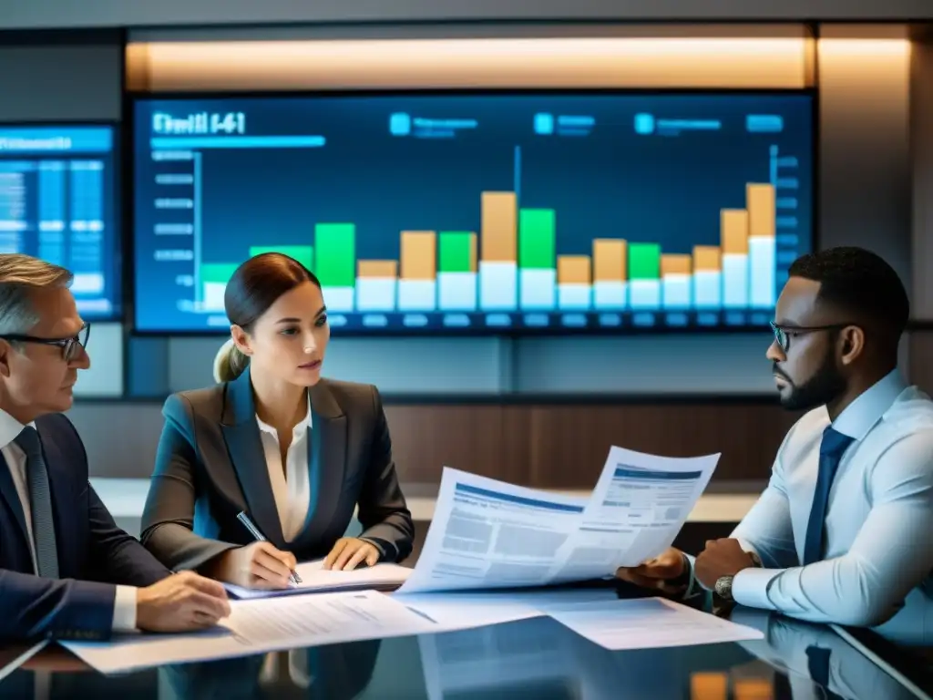 Equipo de auditores revisando minuciosamente documentos financieros en una sala de juntas moderna y bien iluminada, con gráficos en pantalla