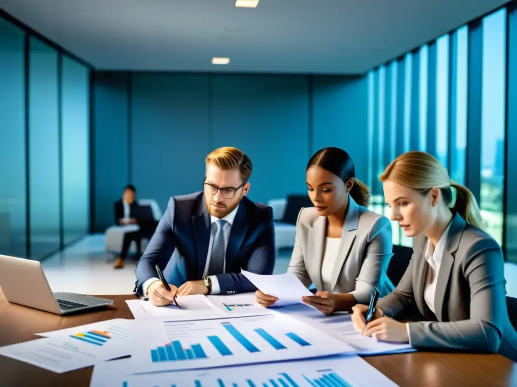 Equipo de auditores revisando minuciosamente documentos financieros en una oficina moderna y bien iluminada, demostrando profesionalismo y precisión en auditorías internas gestión financiera ONG