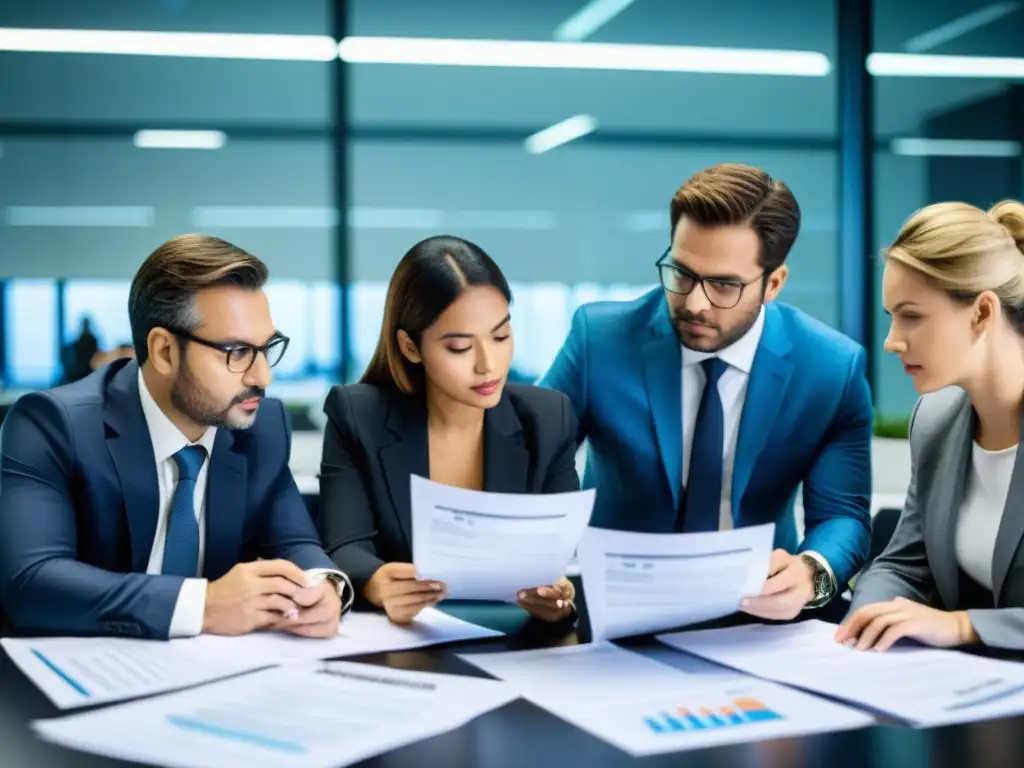 Equipo de auditores examinando documentos financieros en una oficina moderna y bien iluminada, transmitiendo dedicación, expertise y transparencia