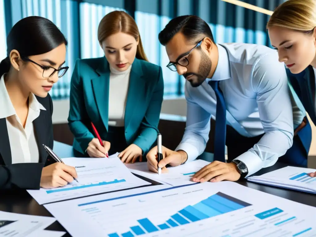 Equipo de auditores examinando documentos financieros en una oficina moderna y bien iluminada