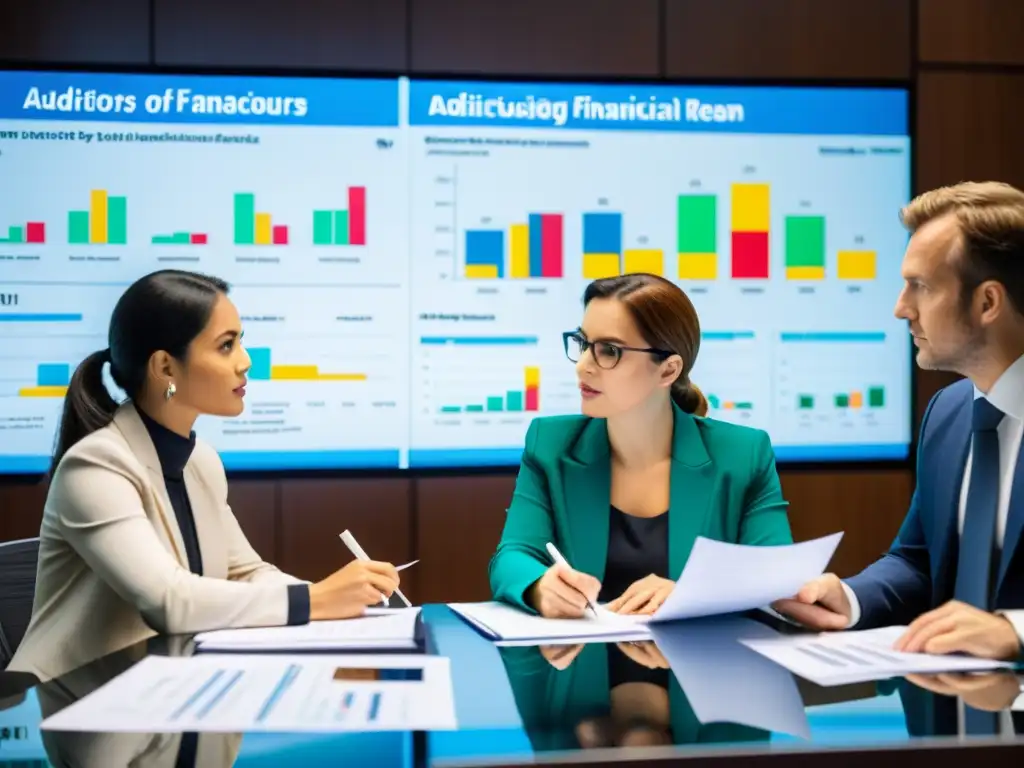 Un equipo de auditores analiza minuciosamente documentos financieros en una sala de conferencias iluminada, destacando la importancia de auditorías para la transparencia financiera en ONGs