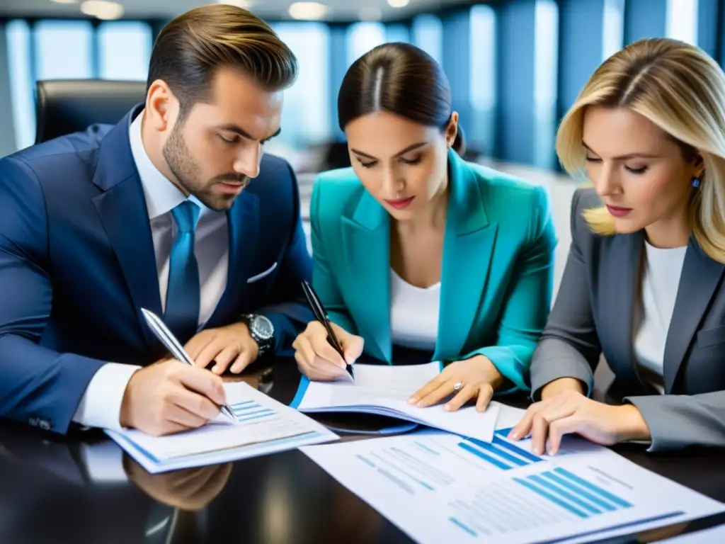 Equipo de auditores revisando minuciosamente documentos financieros en una oficina profesional bien iluminada, transmitiendo la importancia de auditorías para la transparencia financiera en ONGs