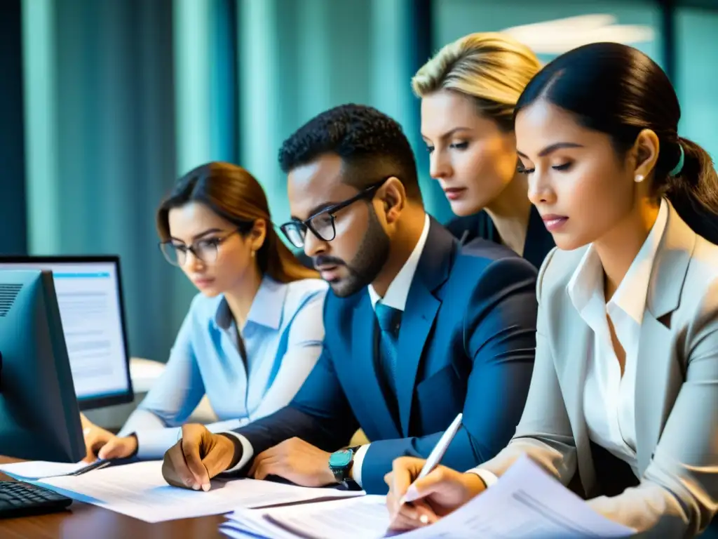 Equipo de auditores examinando minuciosamente documentos financieros en una oficina bien iluminada, expresando seriedad y determinación