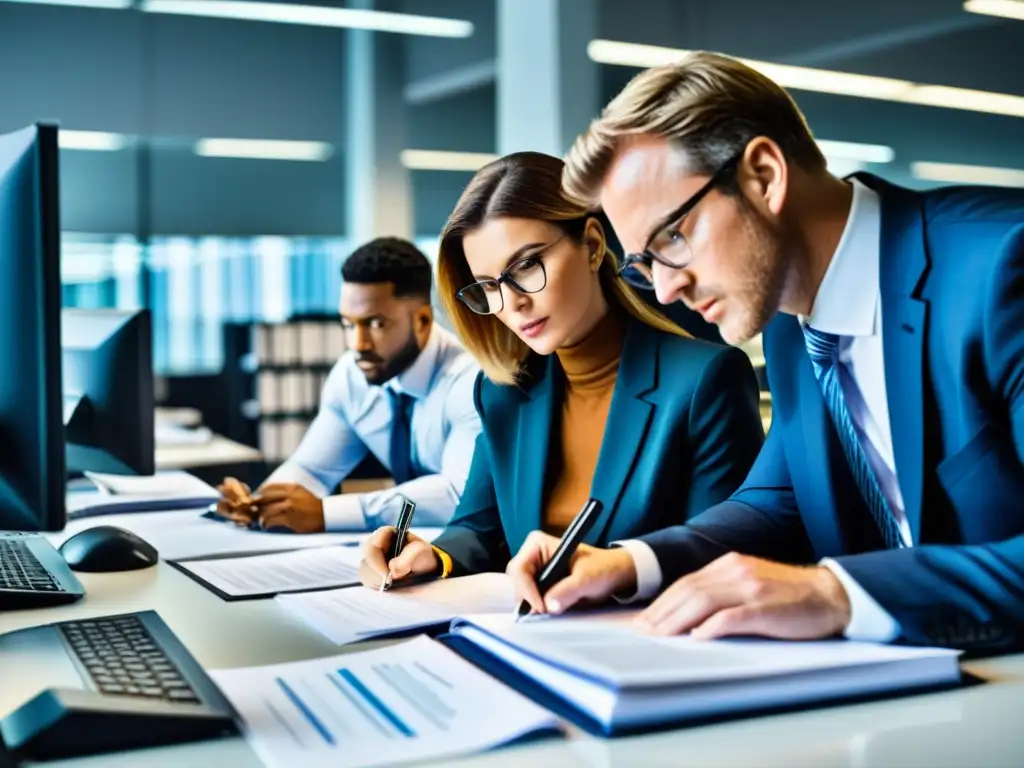 Equipo de auditores forenses examinando minuciosamente documentos financieros en una oficina moderna