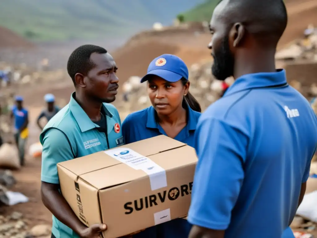 Equipo de ayuda humanitaria brinda intervención y apoyo en traumatismo humanitario, mostrando empatía y determinación en escena de crisis