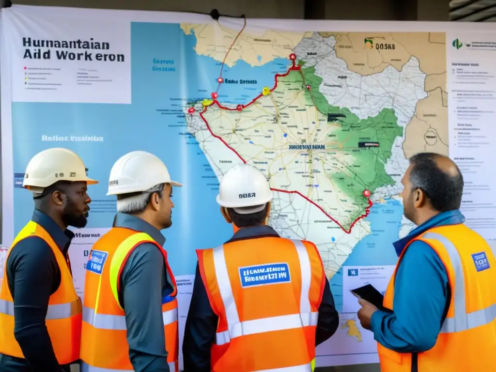 Equipo de ayuda humanitaria planificando operación de ayuda en zona de guerra