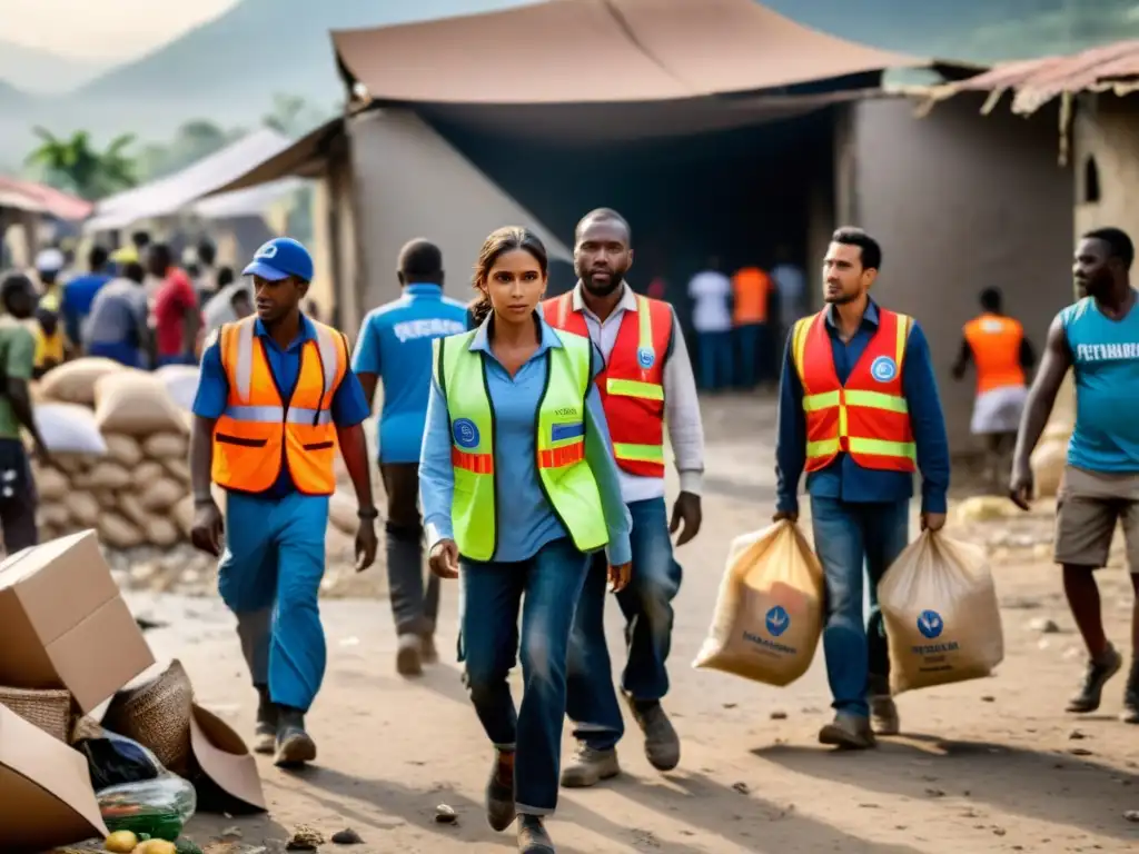 Equipo de ayuda humanitaria distribuyendo suministros en una comunidad afectada por desastre natural