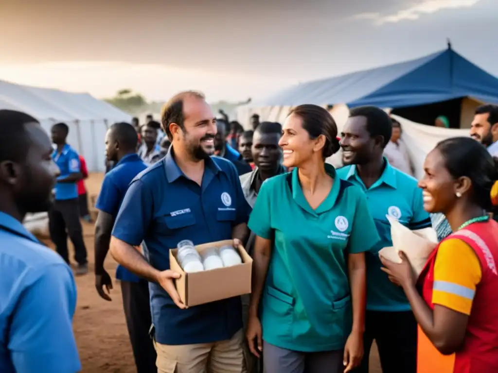 Un equipo de ayuda humanitaria distribuye suministros médicos y alimentos en un campamento de refugiados, enfrentando dilemas éticos