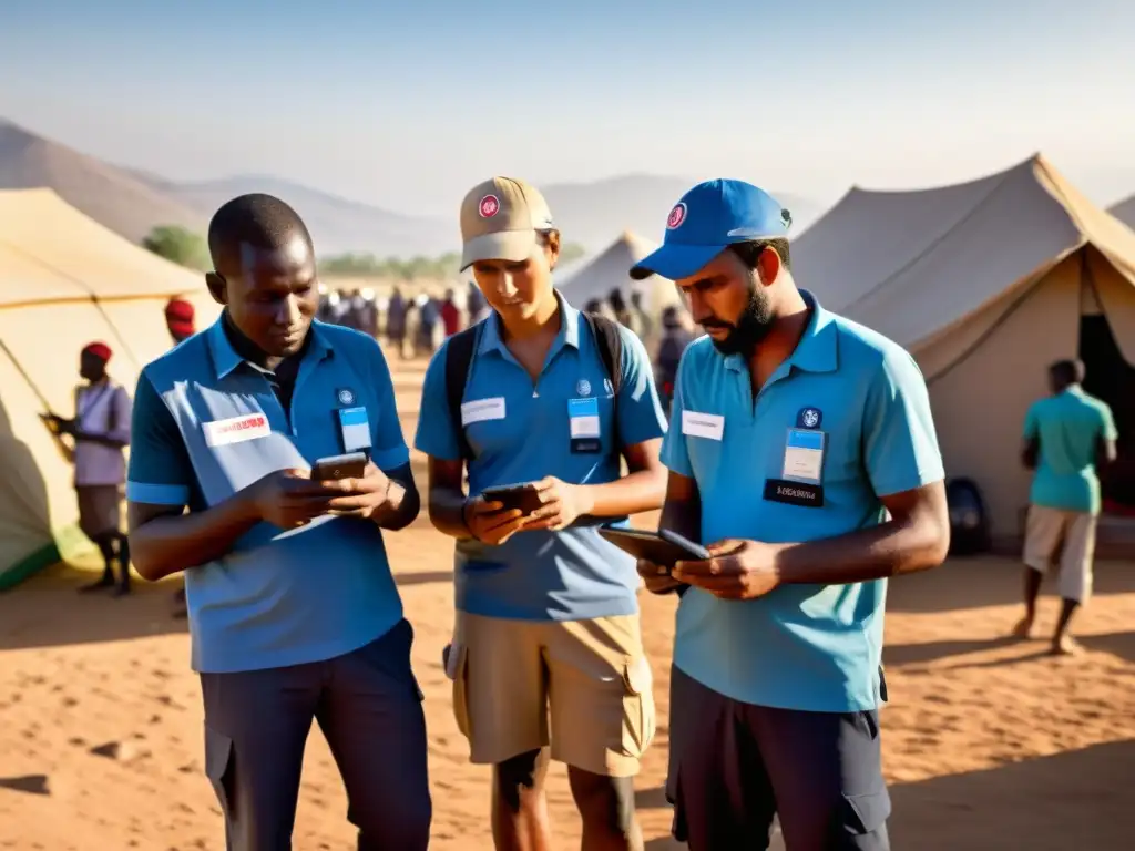 Equipo humanitario colabora con dispositivos móviles en campo Equipo de ONG en campo, colaborando con dispositivos móviles diversos, resaltando la seguridad en misiones humanitarias
