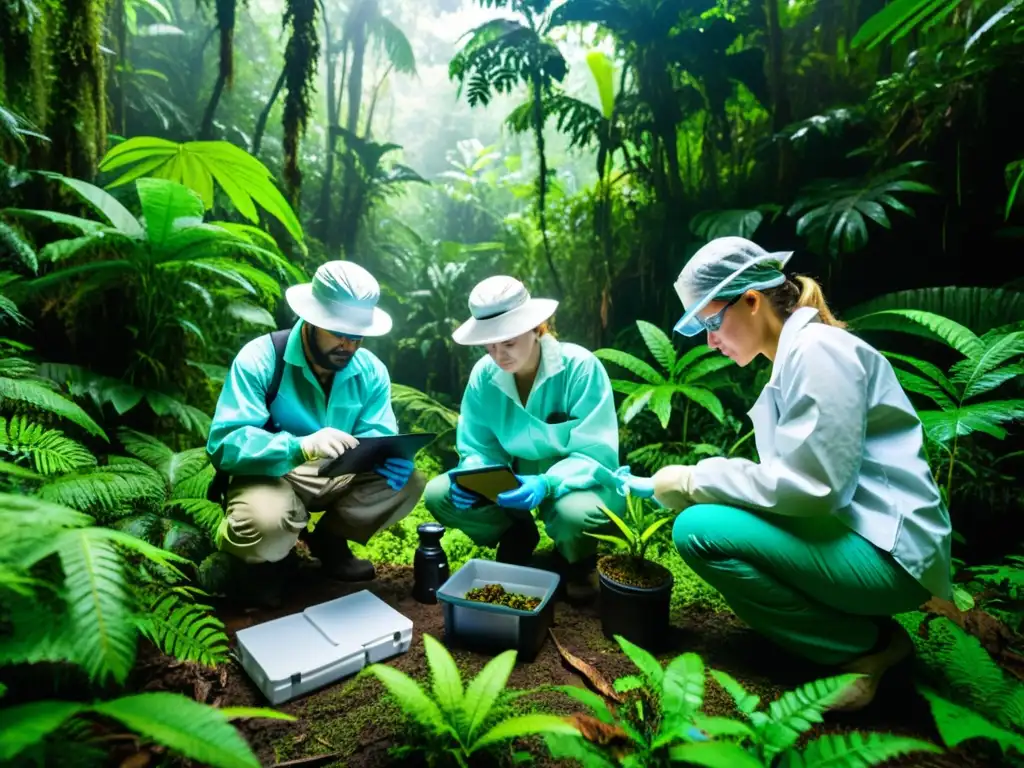 Equipo científico y voluntarios recolectando muestras en la selva