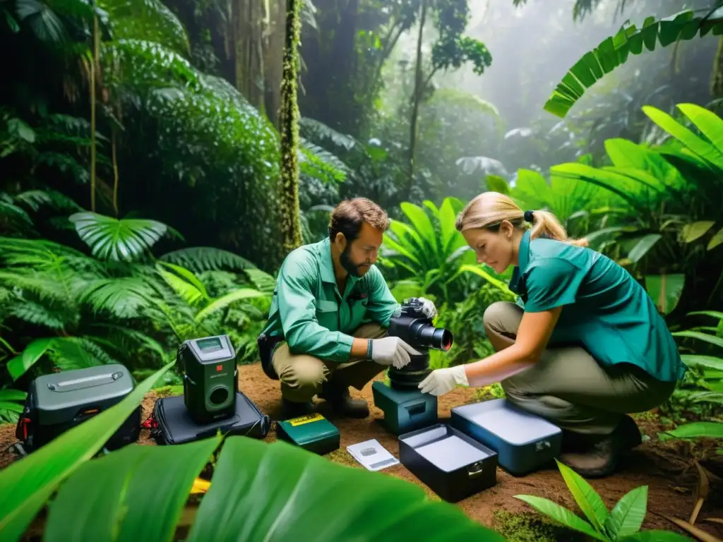 Un equipo de científicos ambientales realiza monitoreo ambiental para proyectos ecológicos en una exuberante selva tropical