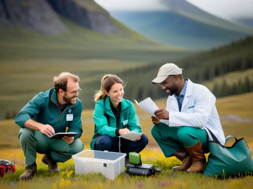 Un equipo de científicos apasionados trabaja en una estación remota, recolectando datos y debatiendo, en un entorno natural impresionante