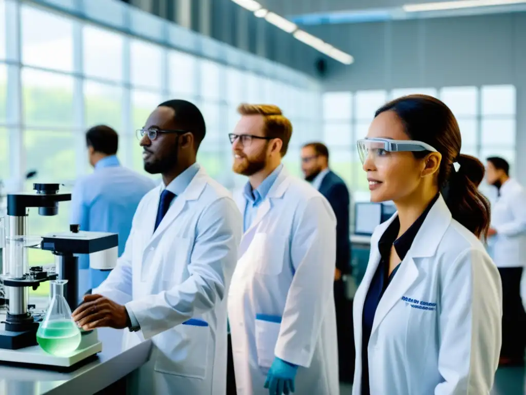 Un equipo de científicos e investigadores colabora en un laboratorio moderno, trabajando con equipamiento científico avanzado bajo la luz natural