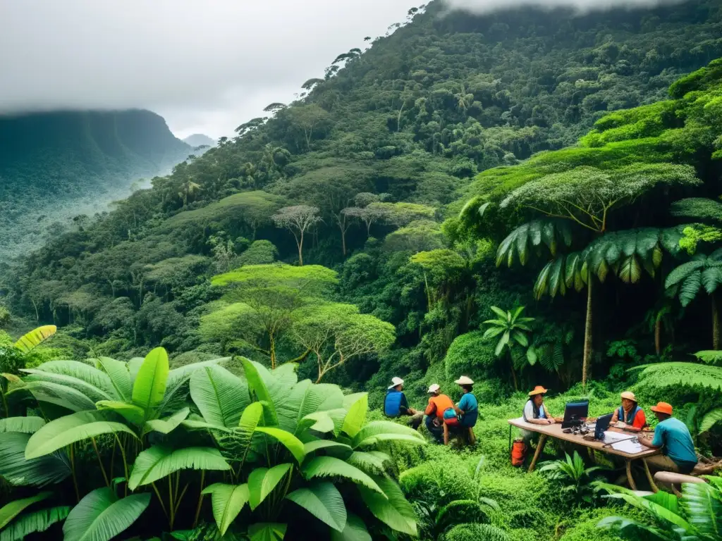 Un equipo de científicos y voluntarios realiza investigación de campo en una remota selva lluviosa, capturando la pasión por la conservación ambiental