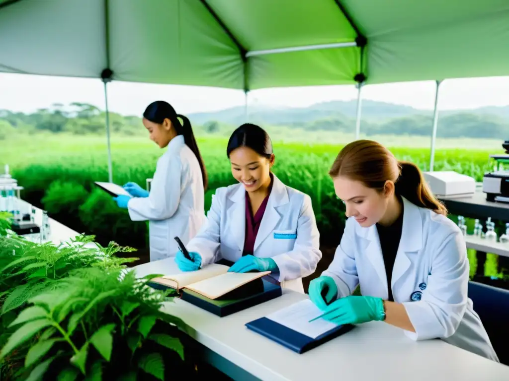 Un equipo de científicos y voluntarios colaboran en una estación de investigación de campo, rodeados de equipo científico y naturaleza exuberante